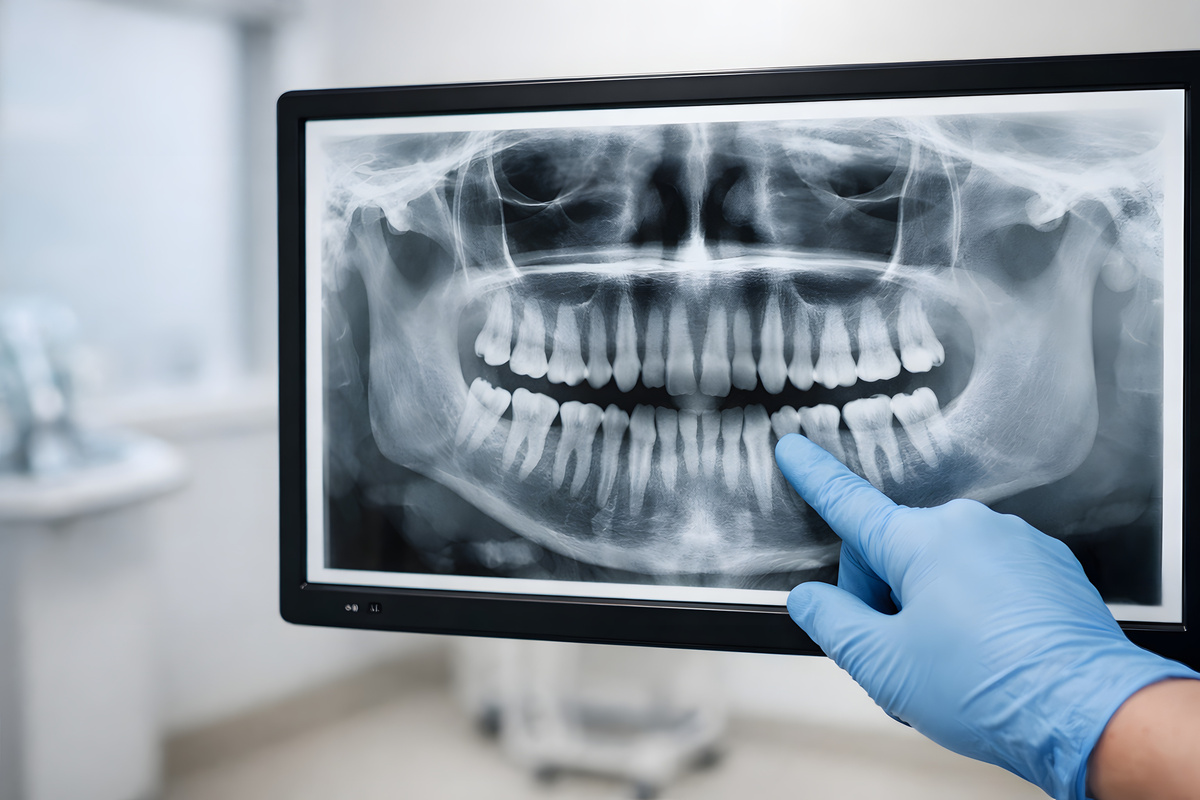 Dental X-Ray on Lightbox with Gloved Hand in Modern Dental Office