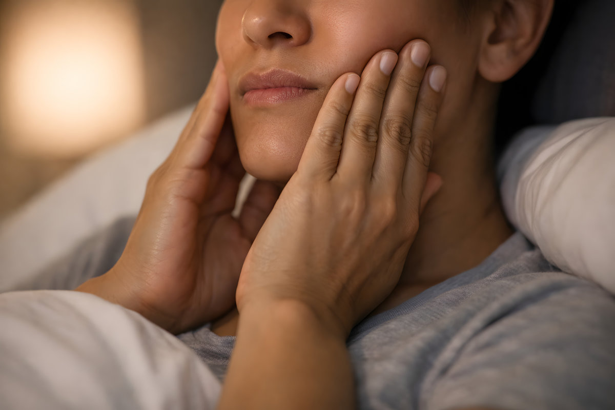 Experiencing Jaw Discomfort from Teeth Grinding at Night, Face Not Visible