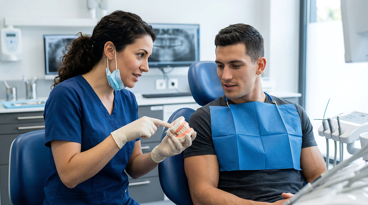 A dentist interacts with a patient. The photo is suitable for scenes related to dentistry.